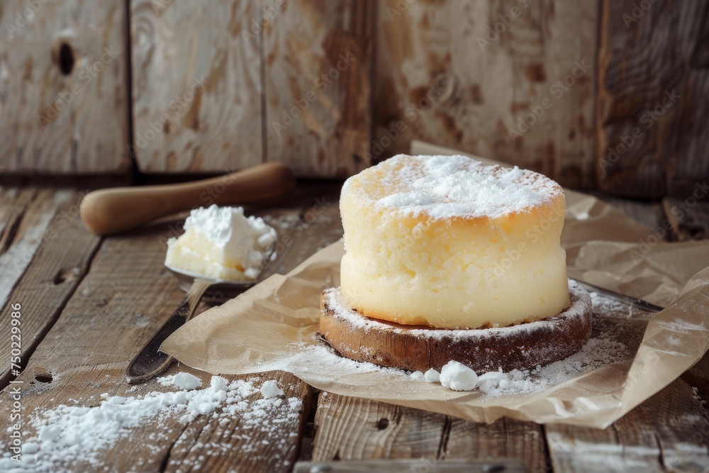 Cheesecake with powdered sugar on table against wooden wall backdrop