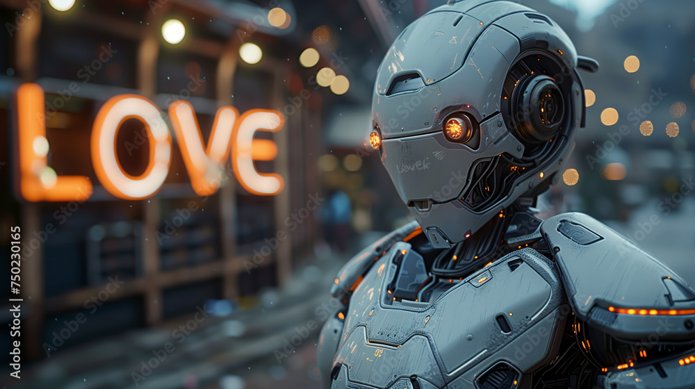 Robots and Ai dealing with love sign neon color Robots and Ai dealing with love sign neon color