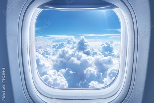 Aircraft window reveals view of clouds and sky
