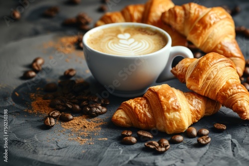 Breakfast theme with white cup of coffee croissants and retro background Selective focus