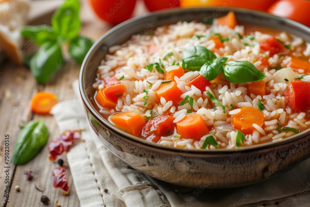 Close up of tomato soup with rice and veggies in a bowl on the table Horizontal orientation Close up of tomato soup with rice and veggies in a bowl on the table Horizontal orientation