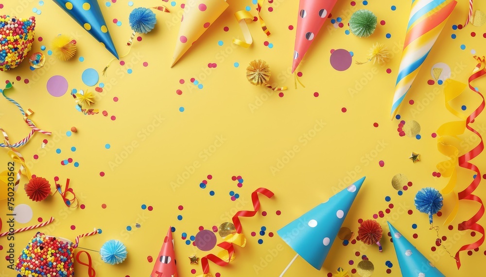 Fototapeta premium Colorful birthday or party background with hats blowers confetti and ribbons on a yellow background Top view with space for text