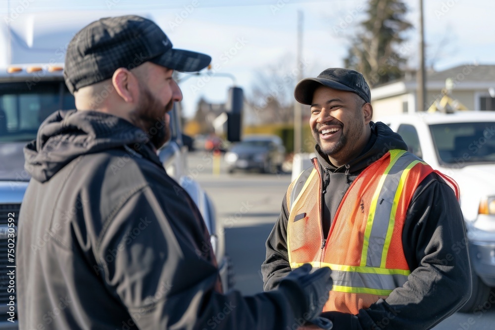 Cheerful truck driver and coworker greeting in parking lot