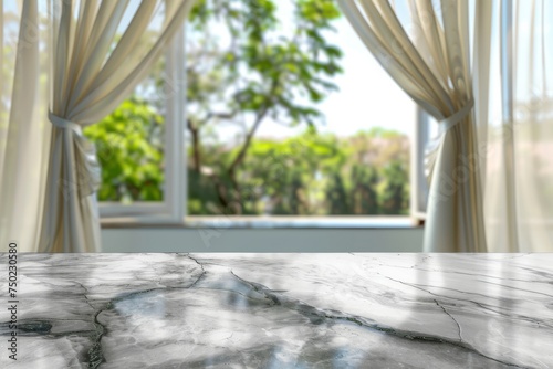 Blurry room interior with marble table top and window curtain background © LimeSky