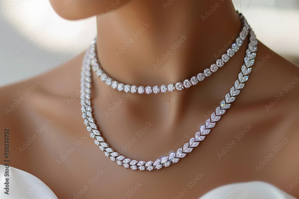 Diamond Station Necklace on Young Woman. Luxury jewelry