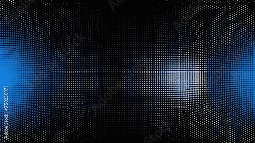 Halftone radial texture. Comic style grain background. Pop art sapphire blue textured frame. Grunge speckle effect. Dotted particles print wallpaper. Blue pixelated gradient backdrop