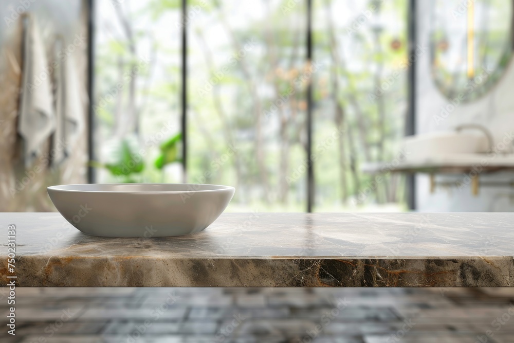 Clear marble tabletop with blurred bathroom background Clear marble tabletop with blurred bathroom background