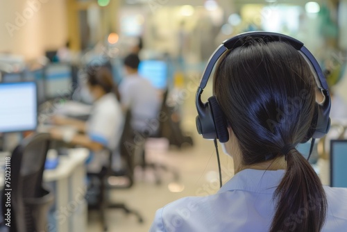 Asian call center workers using headphones to answer phone calls in a professional setting
