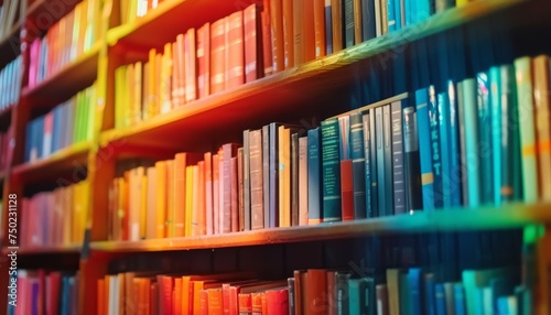 Blurred retro beauty of a colorful wall with books on shelves in a modern living room