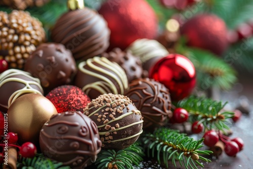 Christmas background with homemade chocolate truffles Focus on candy balls Vertical image