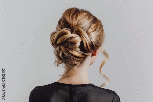 Blonde woman with an updo hairstyle on a white background