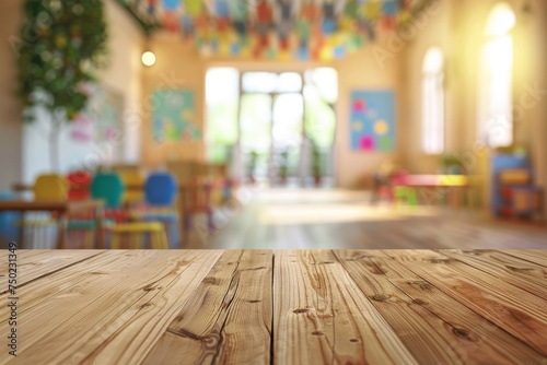 Blurred child room or kindergarten interior background with wooden desk