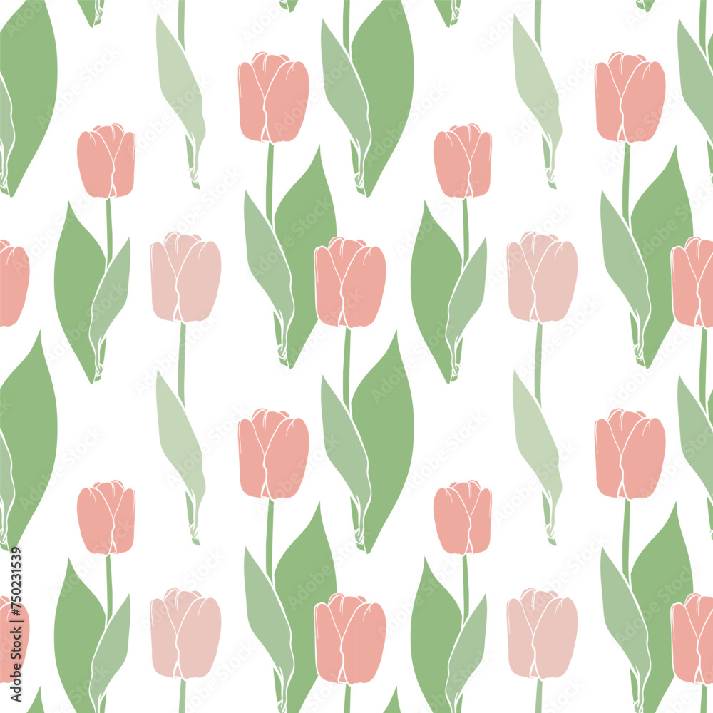 Vector seamless pattern of many tall tulips. Elegant outline flower icons, big leaves, long thin stems. Tender spring print. Beautiful art for packaging layout design, store advertising, holiday card