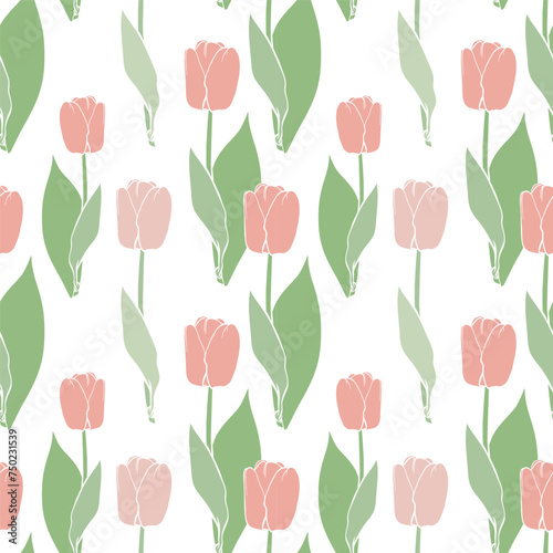 Vector seamless pattern of many tall tulips. Elegant outline flower icons  big leaves  long thin stems. Tender spring print. Beautiful art for packaging layout design  store advertising  holiday card