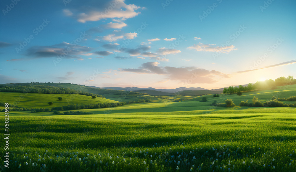 Green field, blue sky, white clouds, beautiful landscape, beautiful green valley, spring grass,