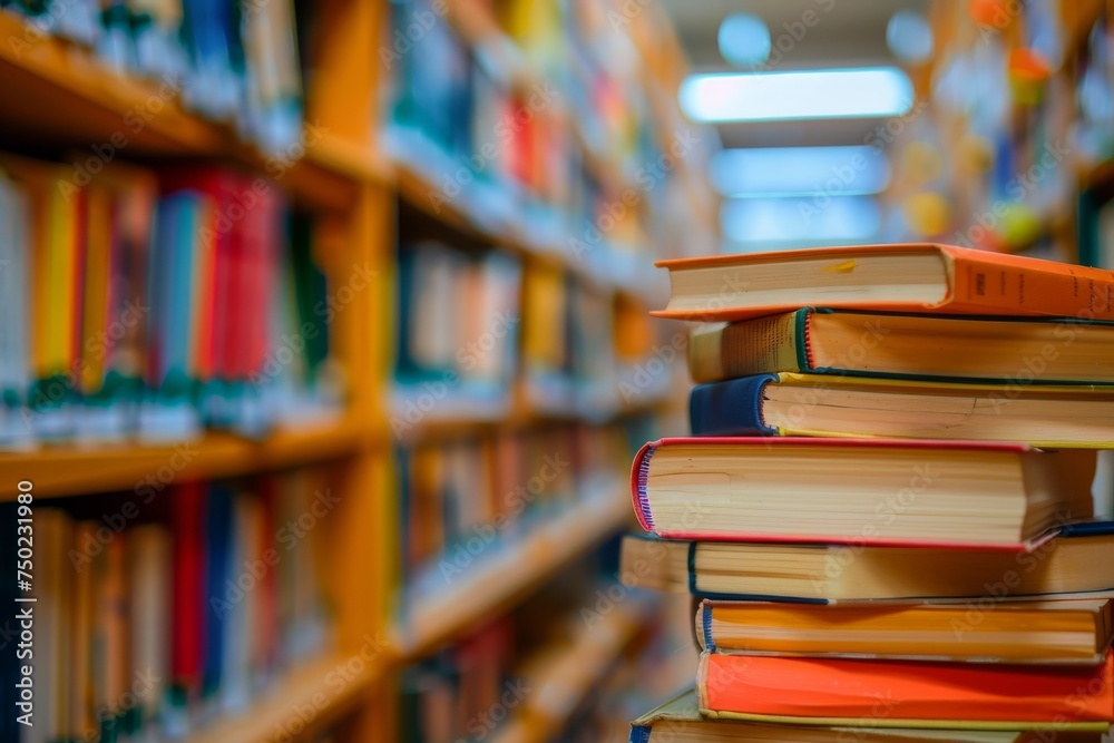 Blurred bookshelf and stacked books in a library room for business and education background representing back to school concept Blurred bookshelf and stacked books in a library room for business and education background representing back to school concept