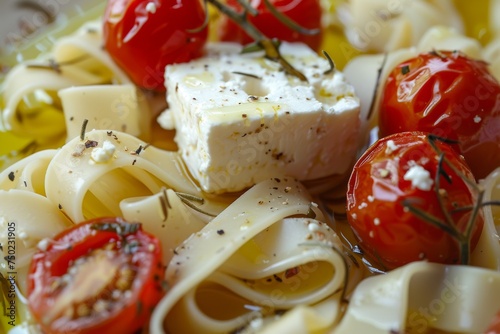 Close up background of homemade feta pasta and oven baked cherry tomatoes with olive oil photo