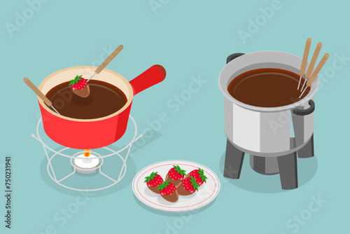 3D Isometric Flat Vector Illustration of Fondue, Cheese or Chocolate Dish Served in a Communal Pot photo