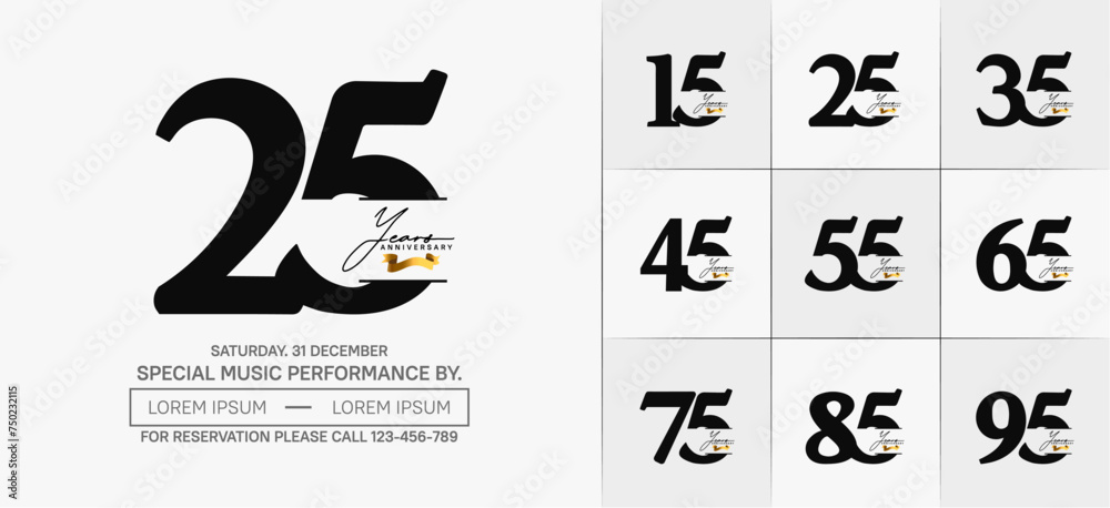 Set of Anniversary Logotype with gold ribbon, black color can be use for special day celebration