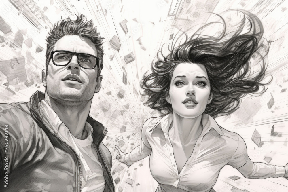 A man and a woman are in a comic book illustration