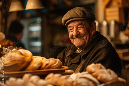A man with a big smile on his face is sitting in front of a table full of bread