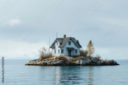 A small white house sits on a small island in the middle of a lake photo