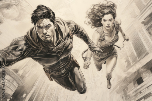 A man and woman are flying through the air in a comic book