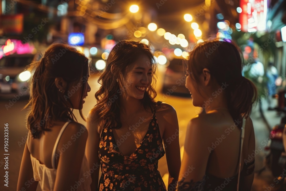 Three women are standing on a street corner, smiling and laughing