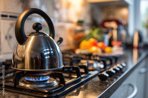 A silver tea kettle sits on a stove burner with a blue flame