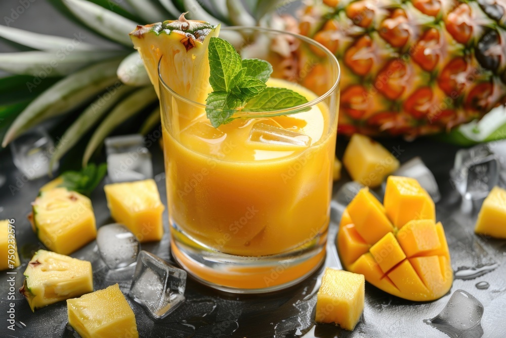 A glass of pineapple juice with a sprig of mint on top A glass of pineapple juice with a sprig of mint on top