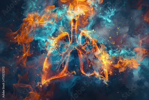 A colorful, abstract image of a lung with orange and blue flames surrounding it