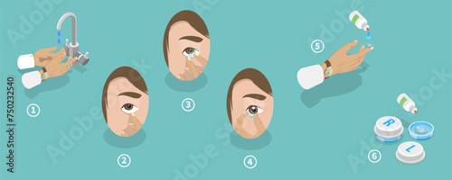 3D Isometric Flat Vector Illustration of Remove Contact Lenses, Hygiene and Healthcare