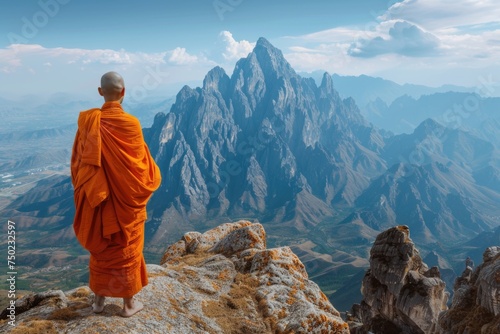 A monk stands on a mountain top, looking out over the landscape