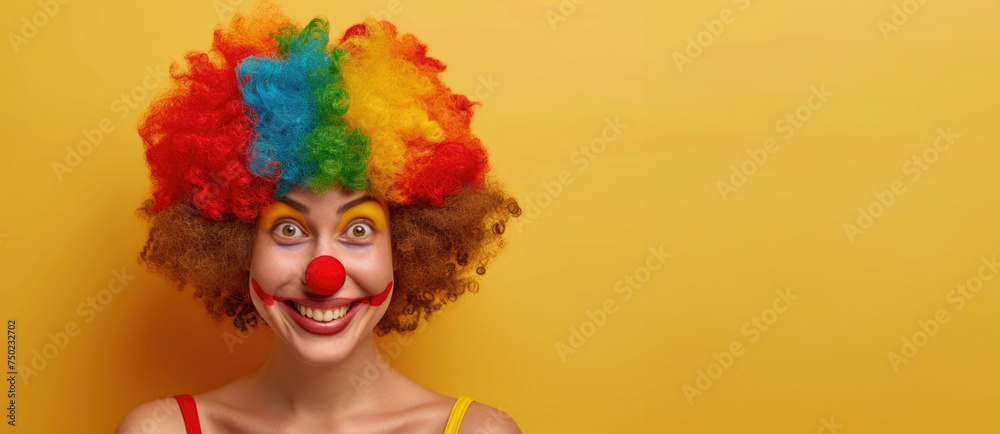 A woman with a clown wig and red nose is smiling at the camera A woman with a clown wig and red nose is smiling at the camera