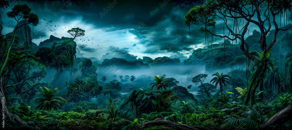Fototapeta premium panorama view of tropical rainforest at night. Panoramic landscape of green jungle, Tropical rain forest jungle