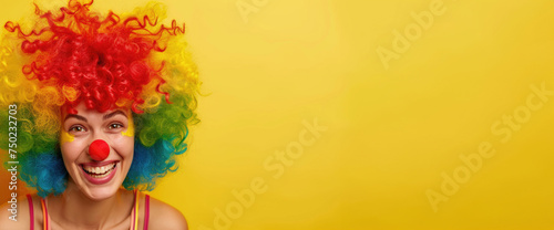 A woman with a clown wig and a red nose is smiling