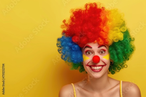 A woman with a clown wig and red nose is smiling