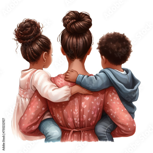 Mother’s day clipart-mother back with two kids boy and girl, siblings, twins, African American mom, Latino, Asian mother. (ID: 750232927)