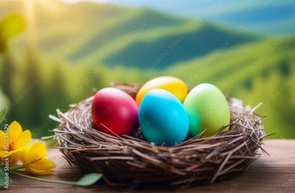 nest cradling four Easter eggs and yellow flowers in sunshine, blurred hills in background. concepts: Easter background, Easter celebrations, springtime, holiday decorations, festive atmosphere.