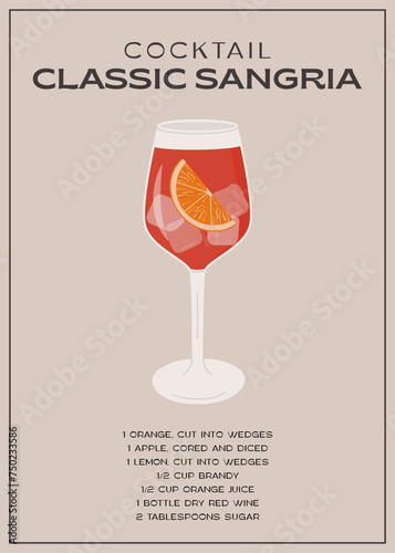 Classic Sangria cocktail with slice of orange and apple. Traditional Spanish drink with fruits and berries. Summer aperitif retro minimal poster. Wall art print with alcoholic beverage. Vector .