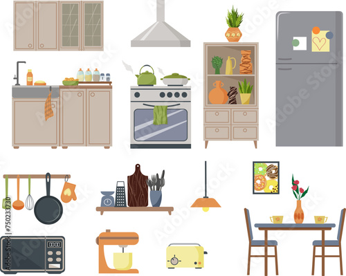 Set - designer of furniture and elements for the kitchen. Table and chairs, refrigerator and stove. Sink and cabinets with dishes. Microwave, tossier and mixer. Kitchen utensils, spices in jars