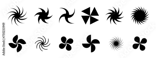 Round swirl, spin, spiral icons. Fan, propeller, pinwheel toy, windmill signs. Flow, vortex, vertigo or tornado symbols isolated on white background. Vector graphic illustration.