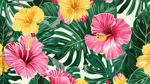 Tropical painted hibiscus flowers pattern in pink gr