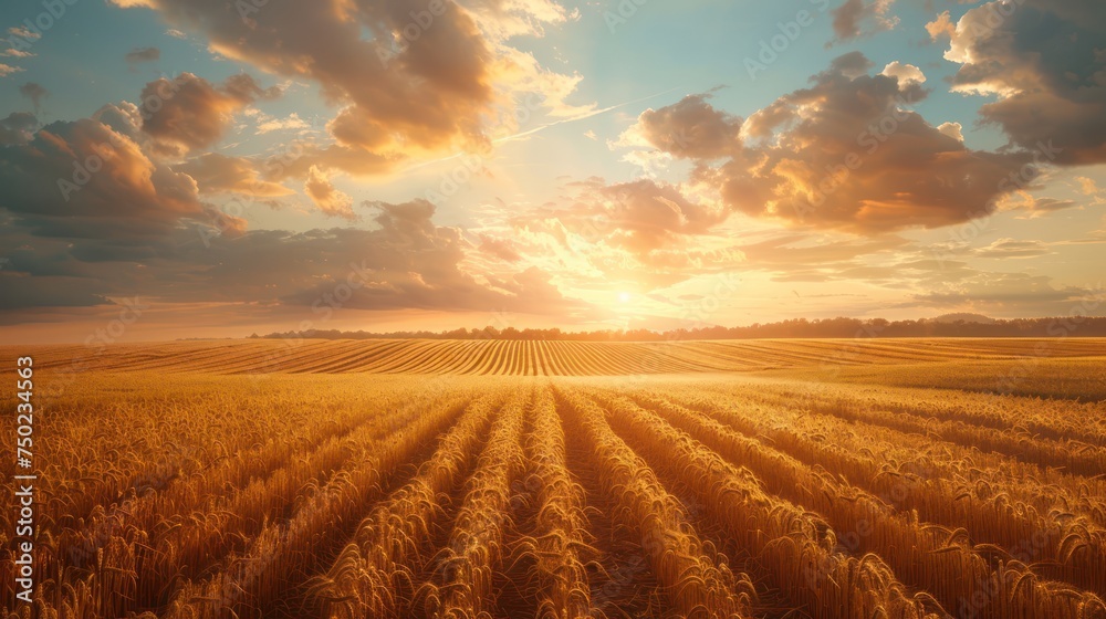 A low angle shot of a sprawling agriculture field under heavenly clouds during golden hour portrayed in a minimalist style with a soft description A low angle shot of a sprawling agriculture field under heavenly clouds during golden hour portrayed in a minimalist style with a soft description