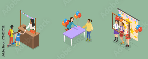 3D Isometric Flat Vector Illustration of School Fair , Children Having Fun