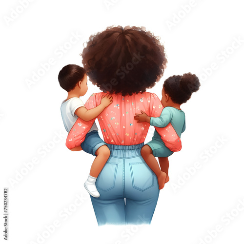  Mother’s day clipart-mother back with two kids boy and girl, siblings, twins, African American mom, Latino, Asian mother. (ID: 750234782)