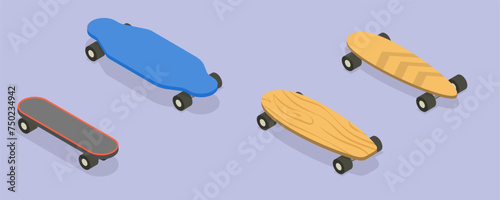3D Isometric Flat Vector Set of Skateboards, Riding on Board