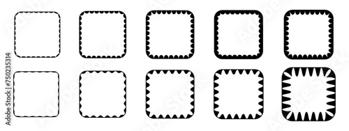 Set of square frames with wiggly inner borders. Tags, labels, stickers, text boxes templates with wavy inner edges. Decoration design elements isolated on white background. Vector graphic illustration