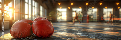 A pair of red boxing gloves resting on a wet concrete floor with an out of focus boxer training in the background. photo