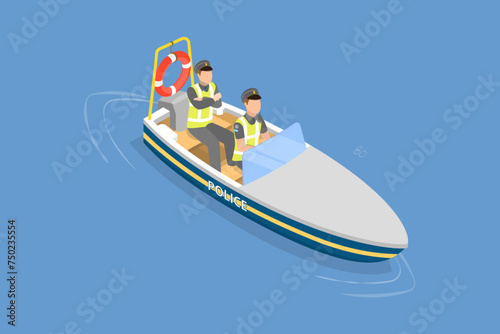 3D Isometric Flat Vector Illustration of Water Police, Coast Guard Ship